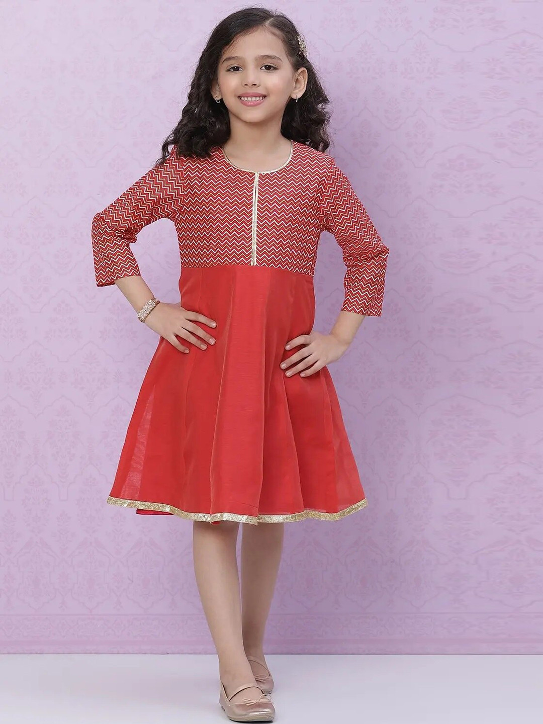 

Biba Girls Red Chevron Printed Flared Sleeves Anarkali Kurta