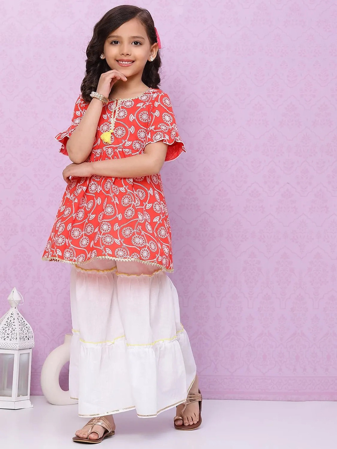 

Biba Girls Pink Floral Printed Pure Cotton Kurta with Sharara