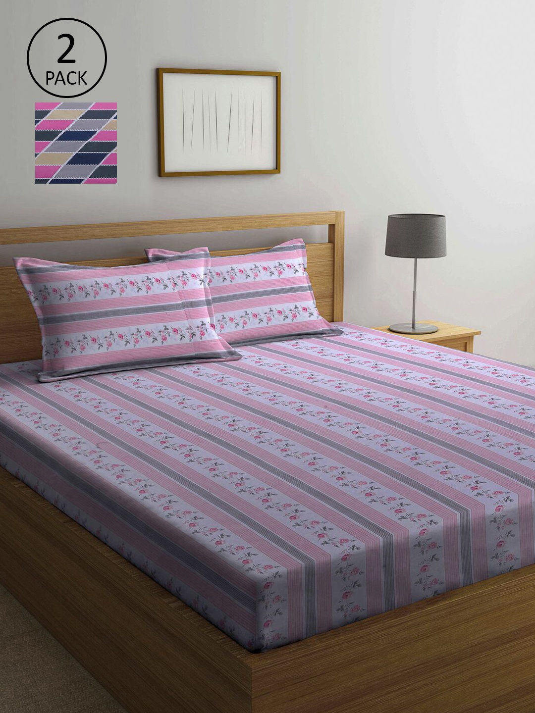 

KLOTTHE Multicoloured & Pink Geometric 210 TC Set of 2 Queen Bedsheet with 4 Pillow Covers, Multi