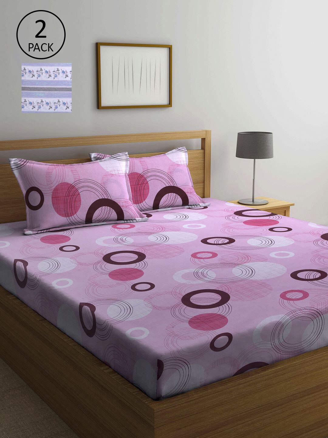 

KLOTTHE Pink & Grey Geometric 210 TC 2 Queen Bedsheet with 4 Pillow Covers