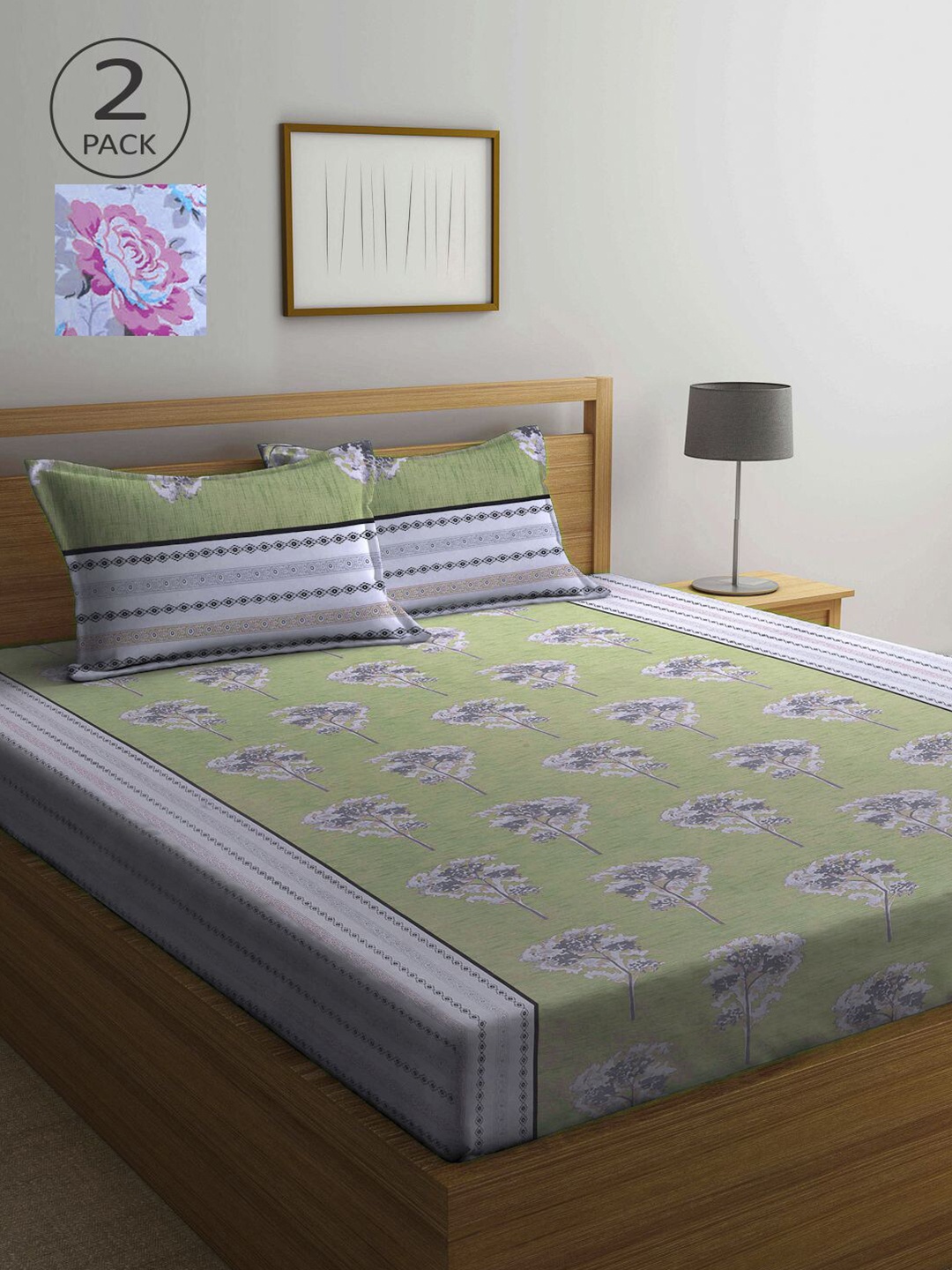 

KLOTTHE Green & White Floral 210 TC 2 Queen Bedsheet with 4 Pillow Covers