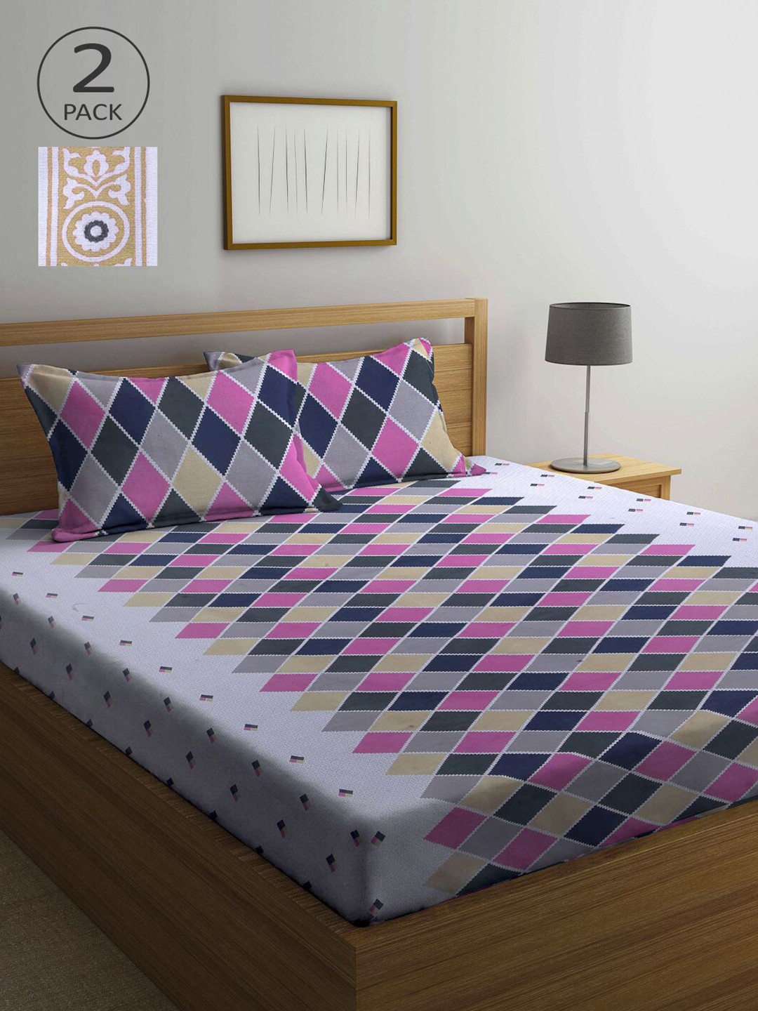 

KLOTTHE Grey & Pink Geometric 210 TC 2 Queen Bedsheet with 4 Pillow Covers