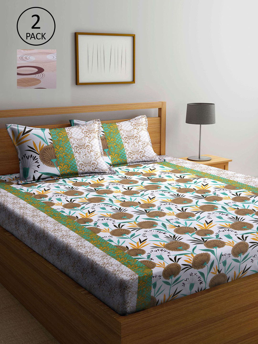 

KLOTTHE Green & Pink Floral 210 TC Set of 2 Queen Bedsheet with 4 Pillow Covers