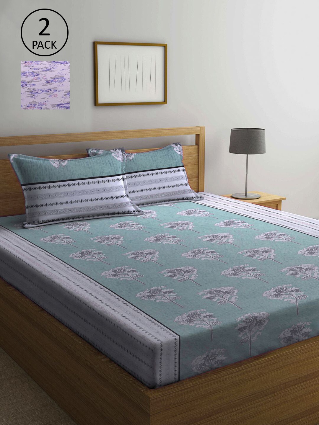 

KLOTTHE Green & Purple Floral 210 TC 2 Queen Bedsheet with 4 Pillow Covers
