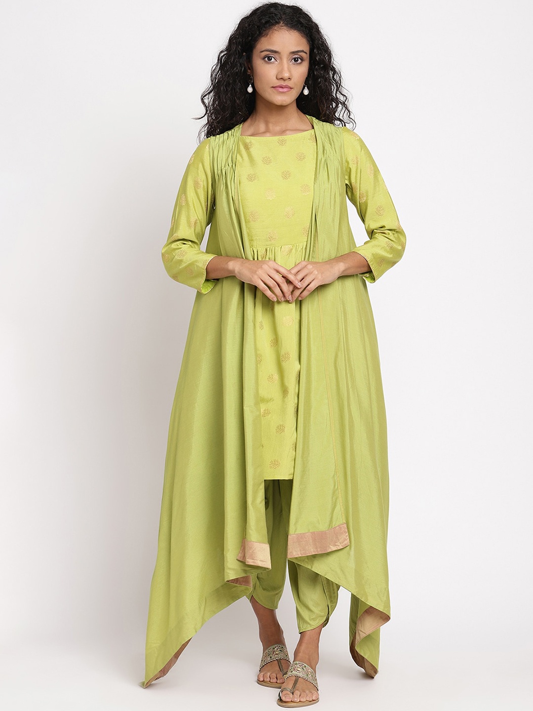 

Abhishti Women Green Ethnic Motifs Kurta with Dhoti Pants & Sleeveless Jacket