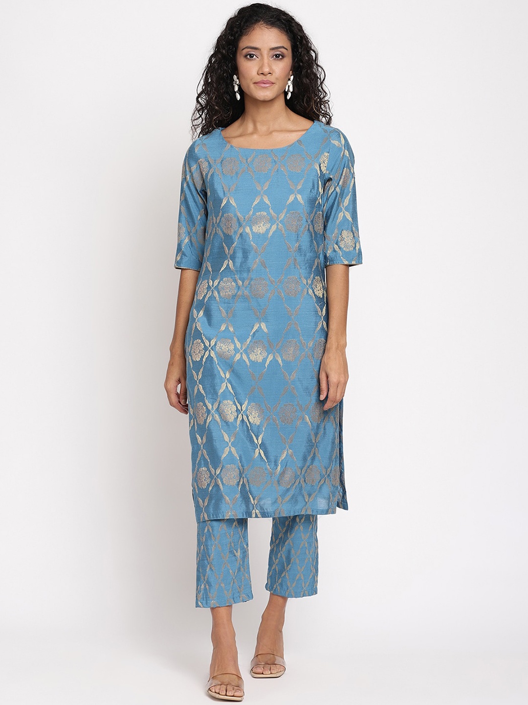 

Abhishti Women Blue & Brown Ethnic Motifs Banarasi Art Silk Kurta with Trousers