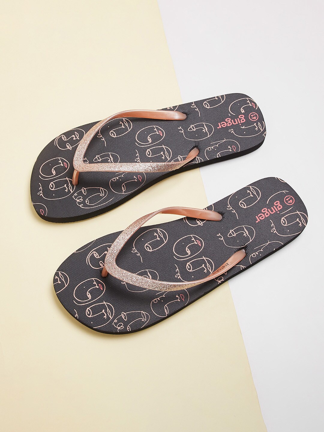 

Ginger by Lifestyle Women Black & Pink Printed Rubber Thong Flip-Flops