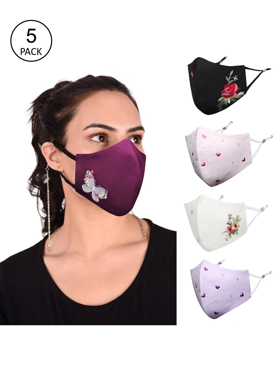 

MASQ Pack of 5 Printed 4-Ply Reusable Pure Cotton Cloth Masks, Purple