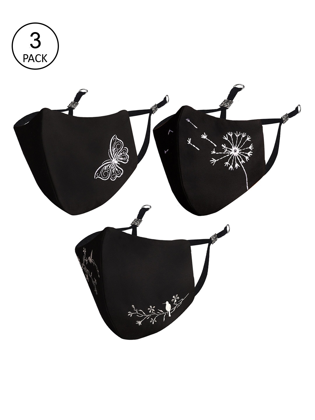 

MASQ Pack of 3 Black Embroidered 4-Ply Reusable Pure Cotton Cloth Masks