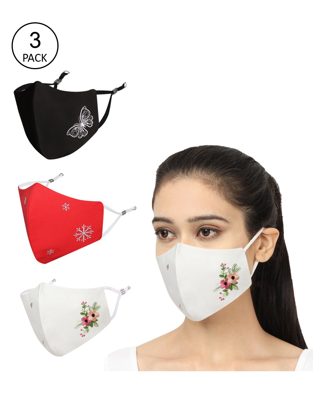 

MASQ Pack of 3 Embroidered 4-Ply Reusable Pure Cotton Cloth Masks, Black
