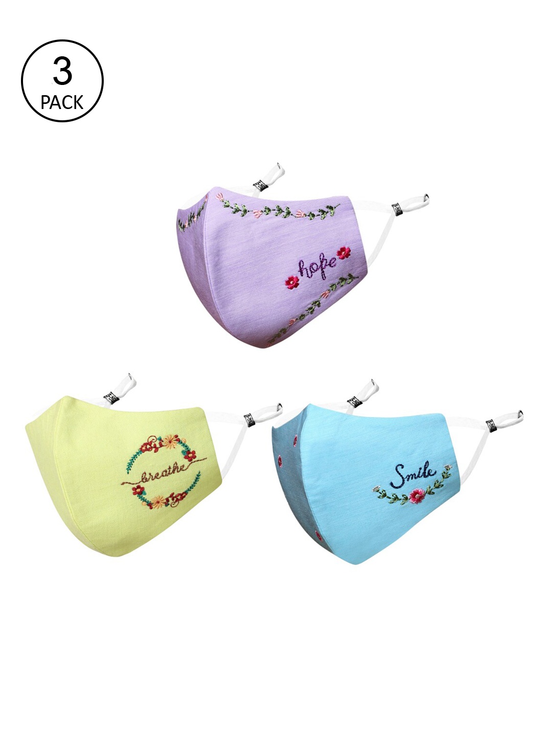 

MASQ Pack of 3 Embroidered 4-Ply Reusable Pure Cotton Cloth Masks, Lavender