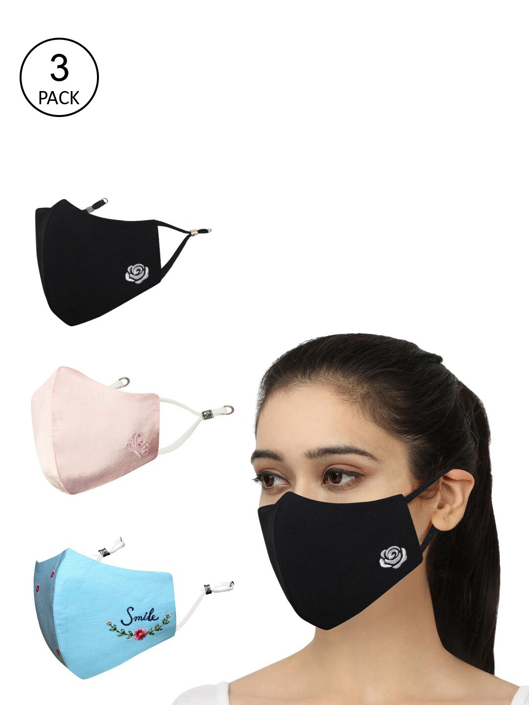 

MASQ Women Pack of 3 Embroidered 4-Ply Reusable Pure Cotton Cloth Masks, Black