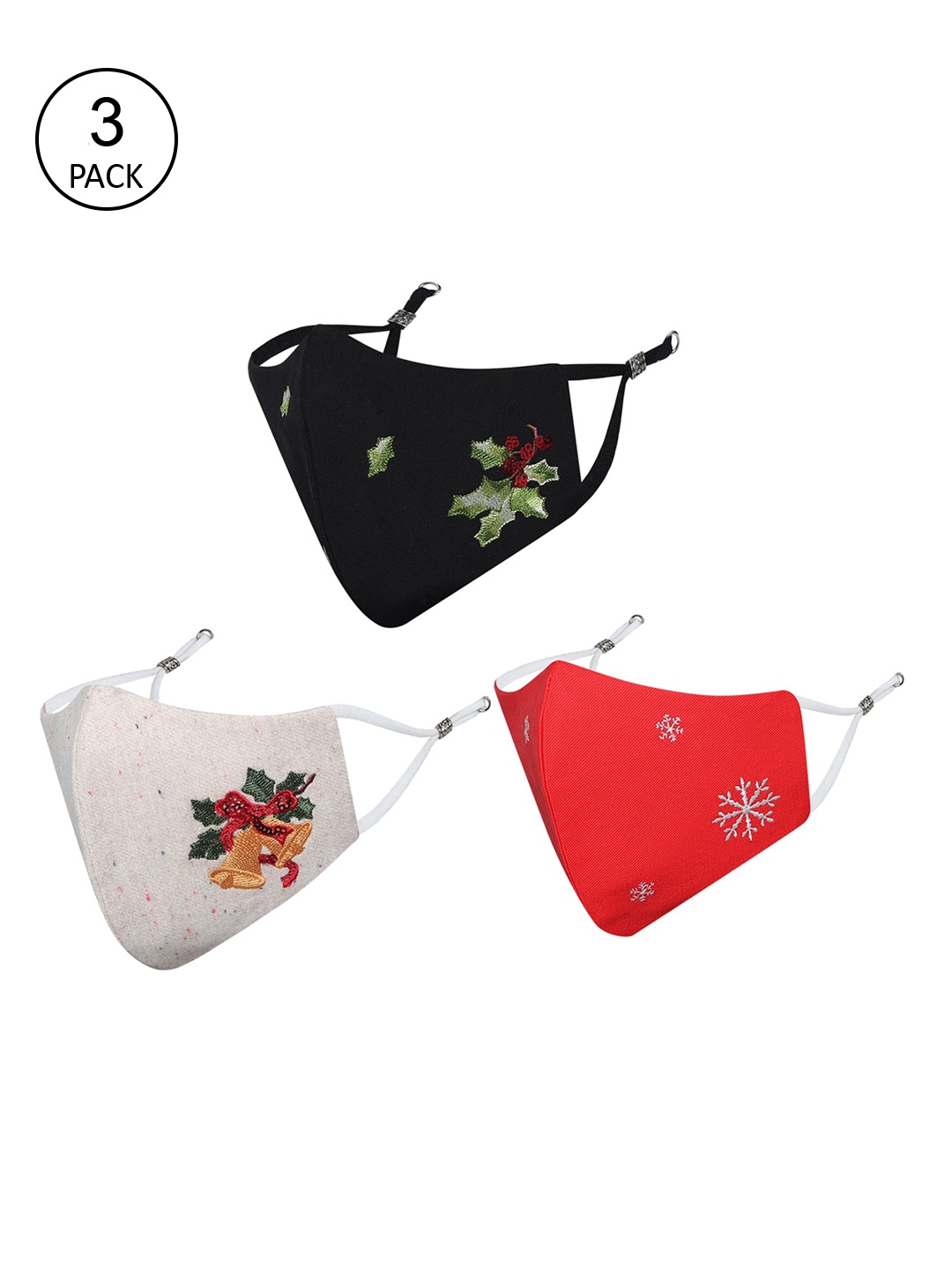 

MASQ Women Pack of 3 Embroidered 4-Ply Reusable Pure Cotton Cloth Masks, Black