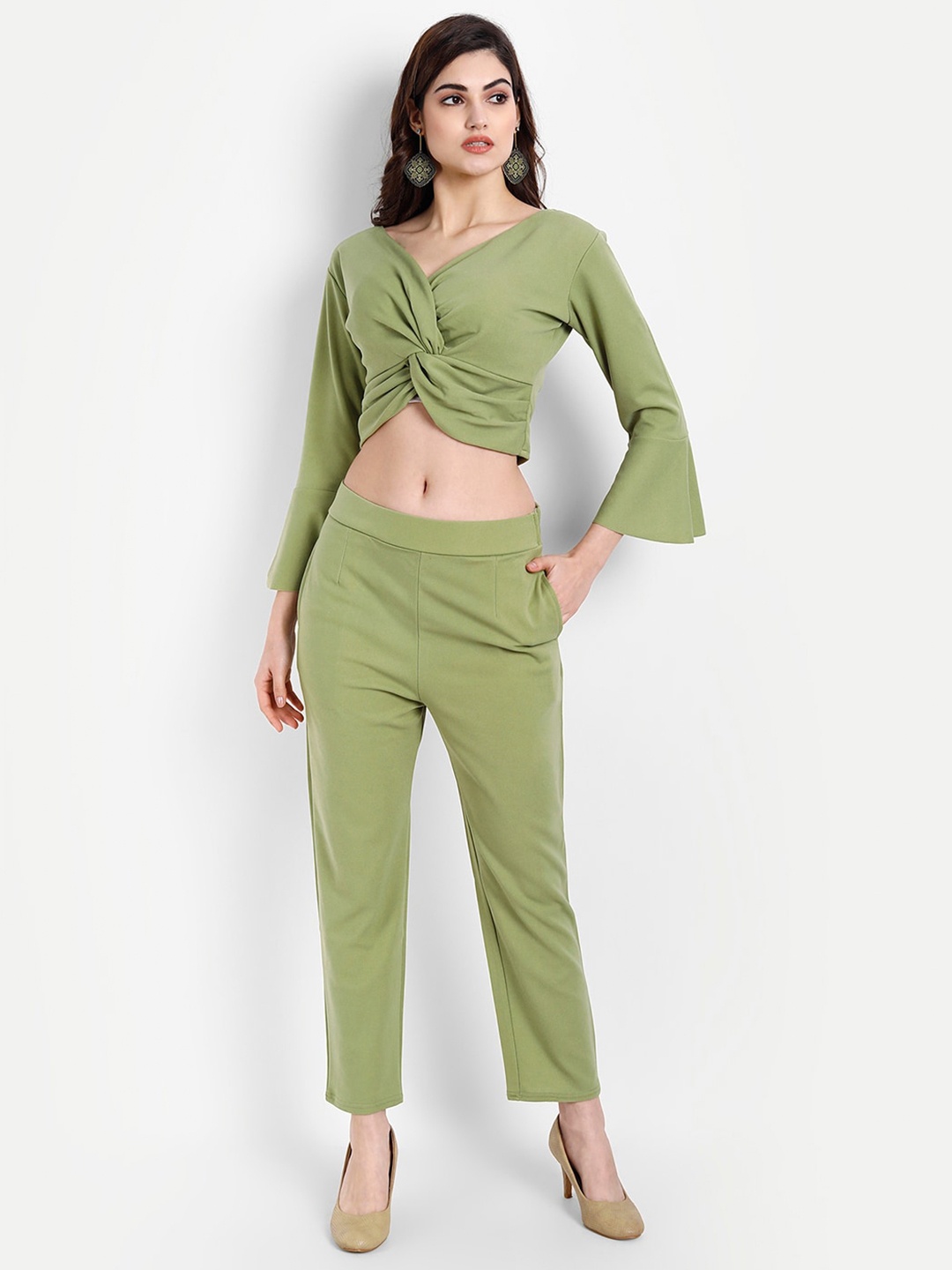 

BROADSTAR Women Olive Green Solid Co-Ord Set