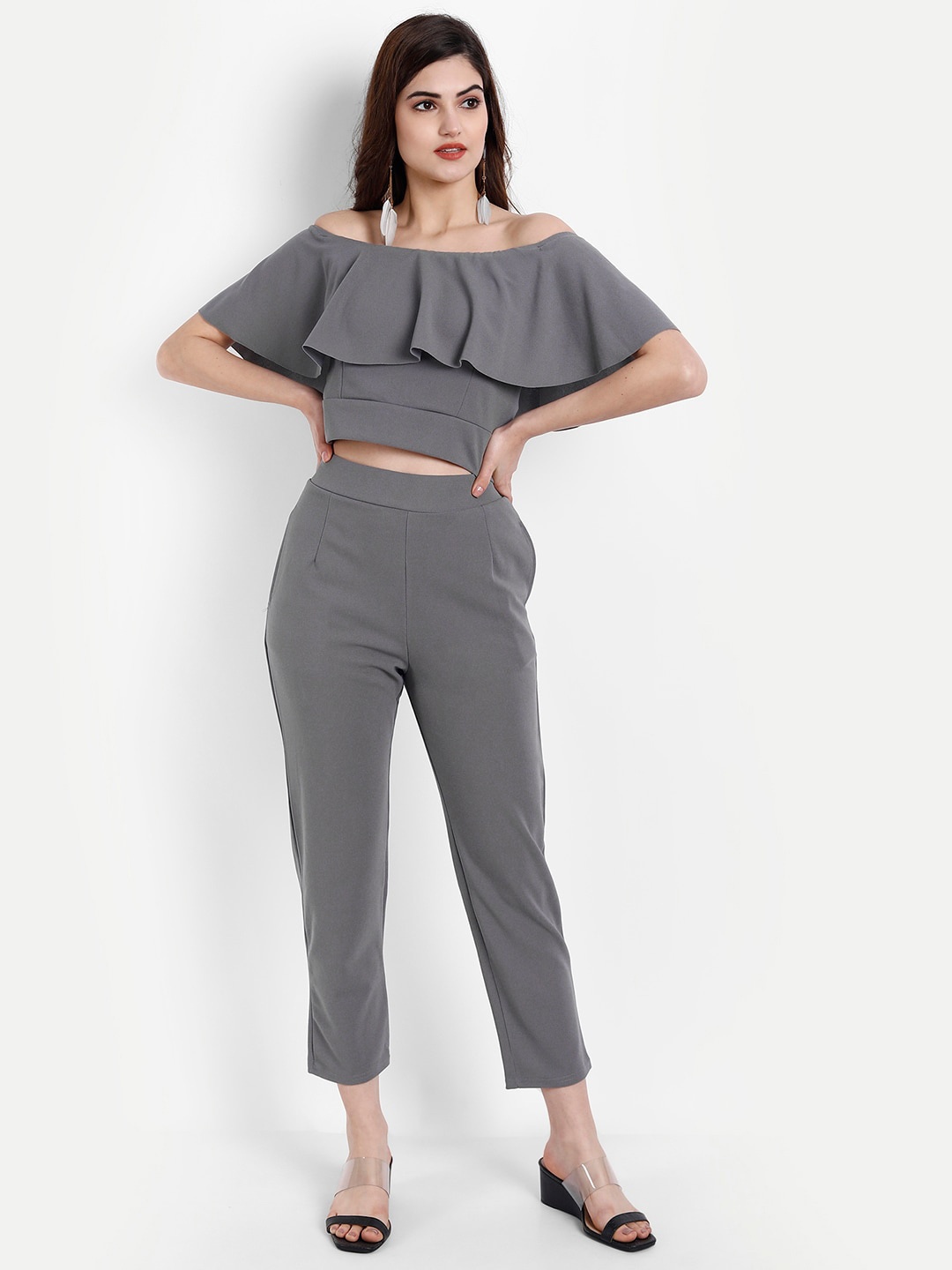 

BROADSTAR Women Grey Solid Co-Ord Set