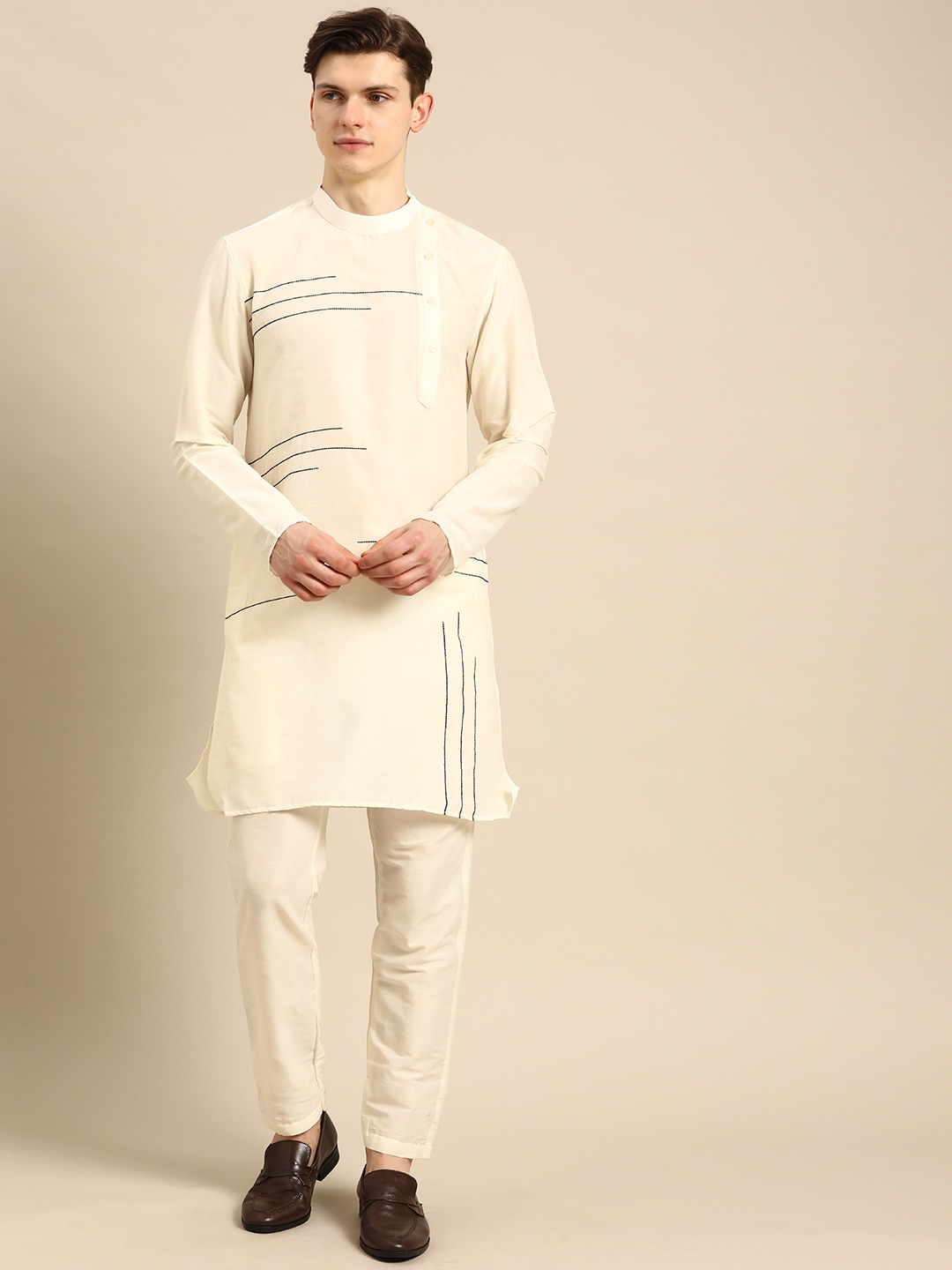 

Anouk Men Off White Embroidered Kurta with Trousers