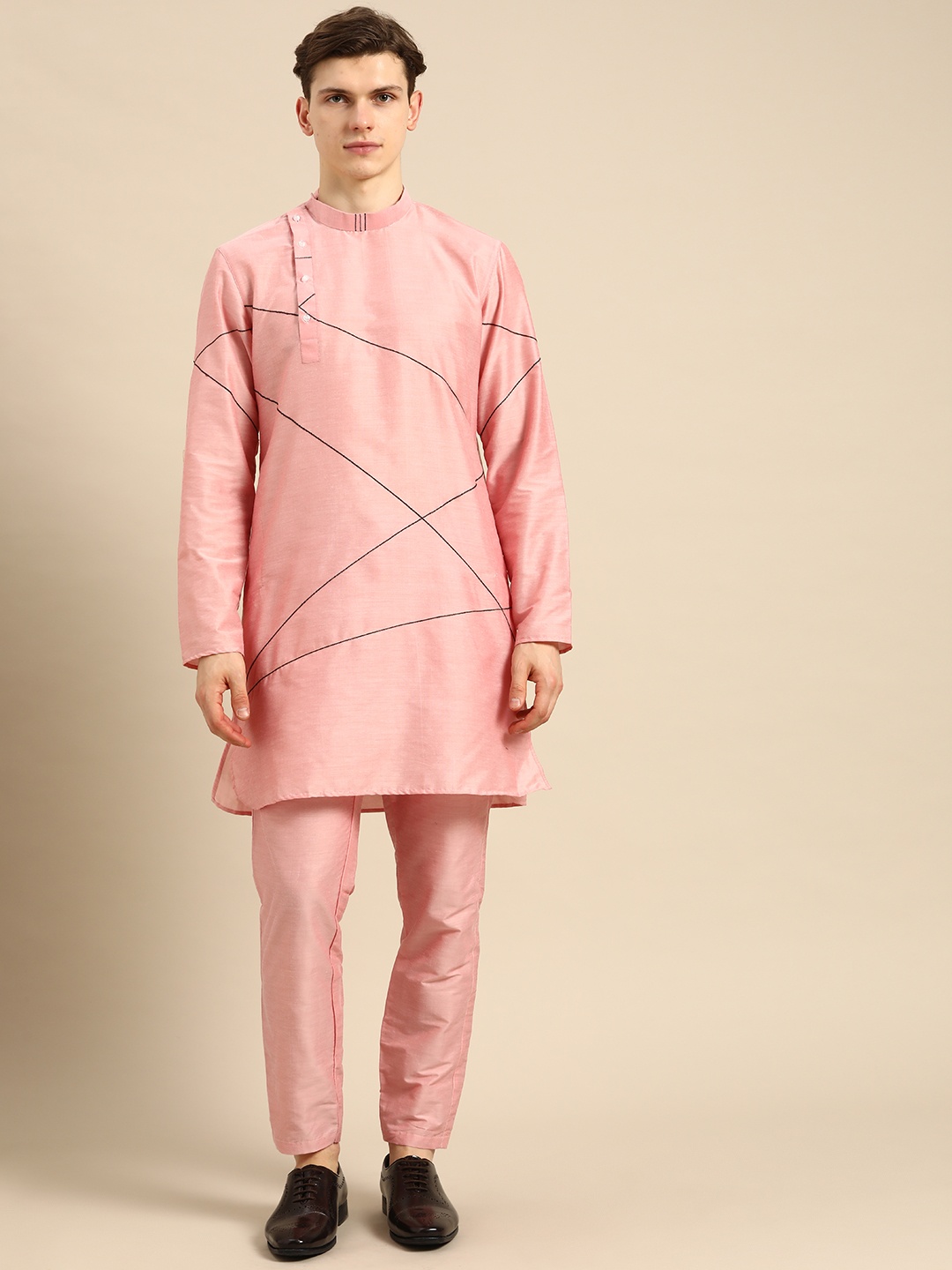 Anouk Men Peach-Coloured Embroidered Kurta with Trousers