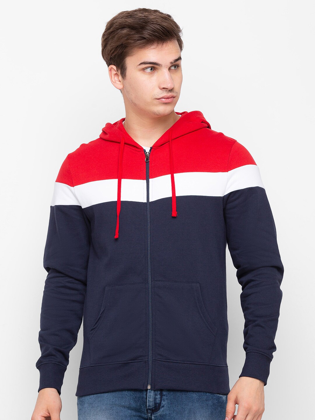 

Globus Men Red & Navy Blue Colourblocked Hooded Sweatshirt