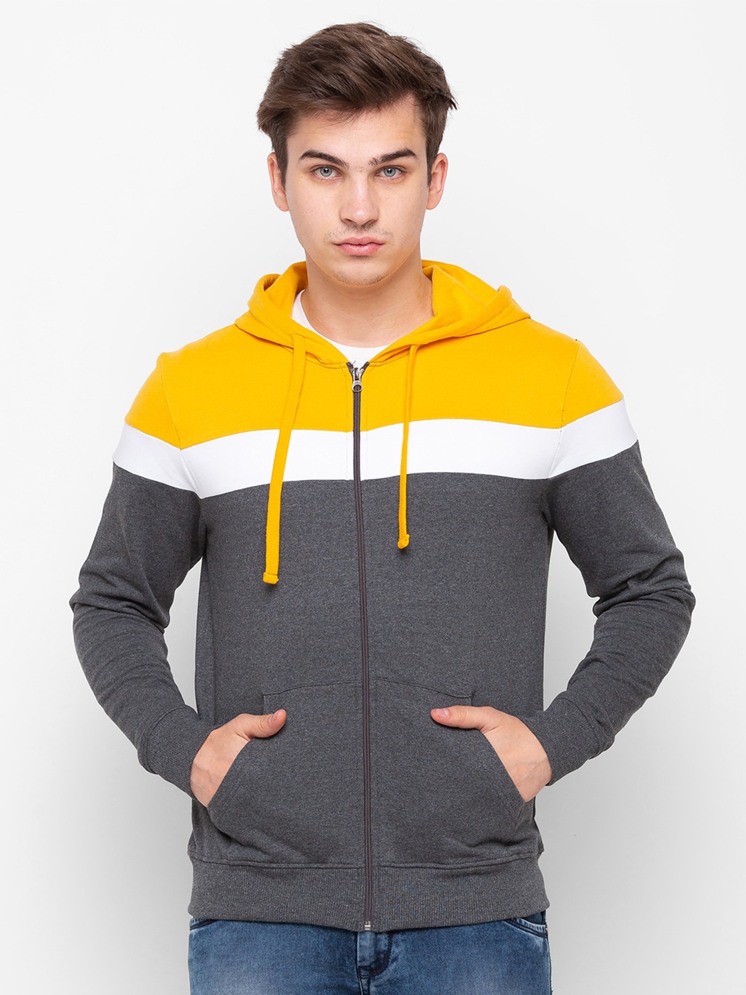 

Globus Men Mustard & Grey Colourblocked Hooded Sweatshirt