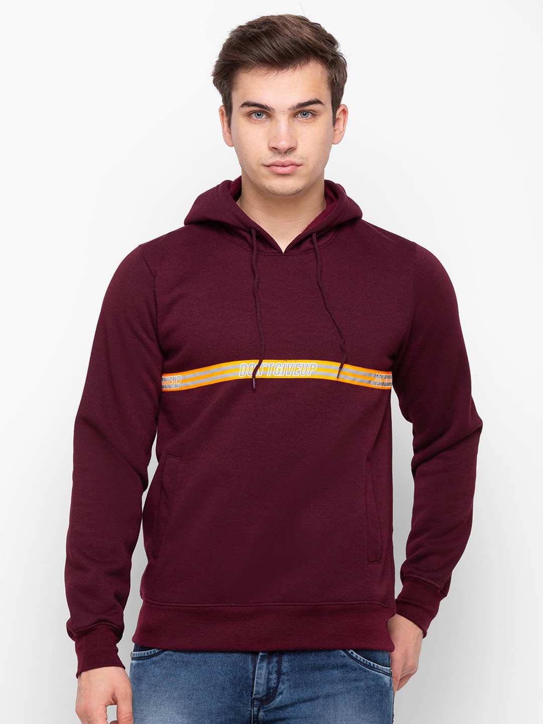 

Globus Men Maroon & Yellow Colourblocked Hooded Sweatshirt
