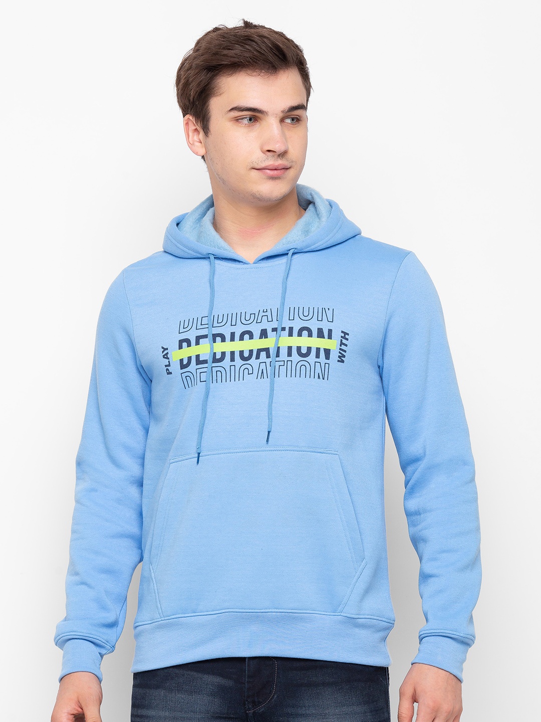 

Globus Men Blue Typography Printed Hooded Regular Fit Pullover Sweatshirt