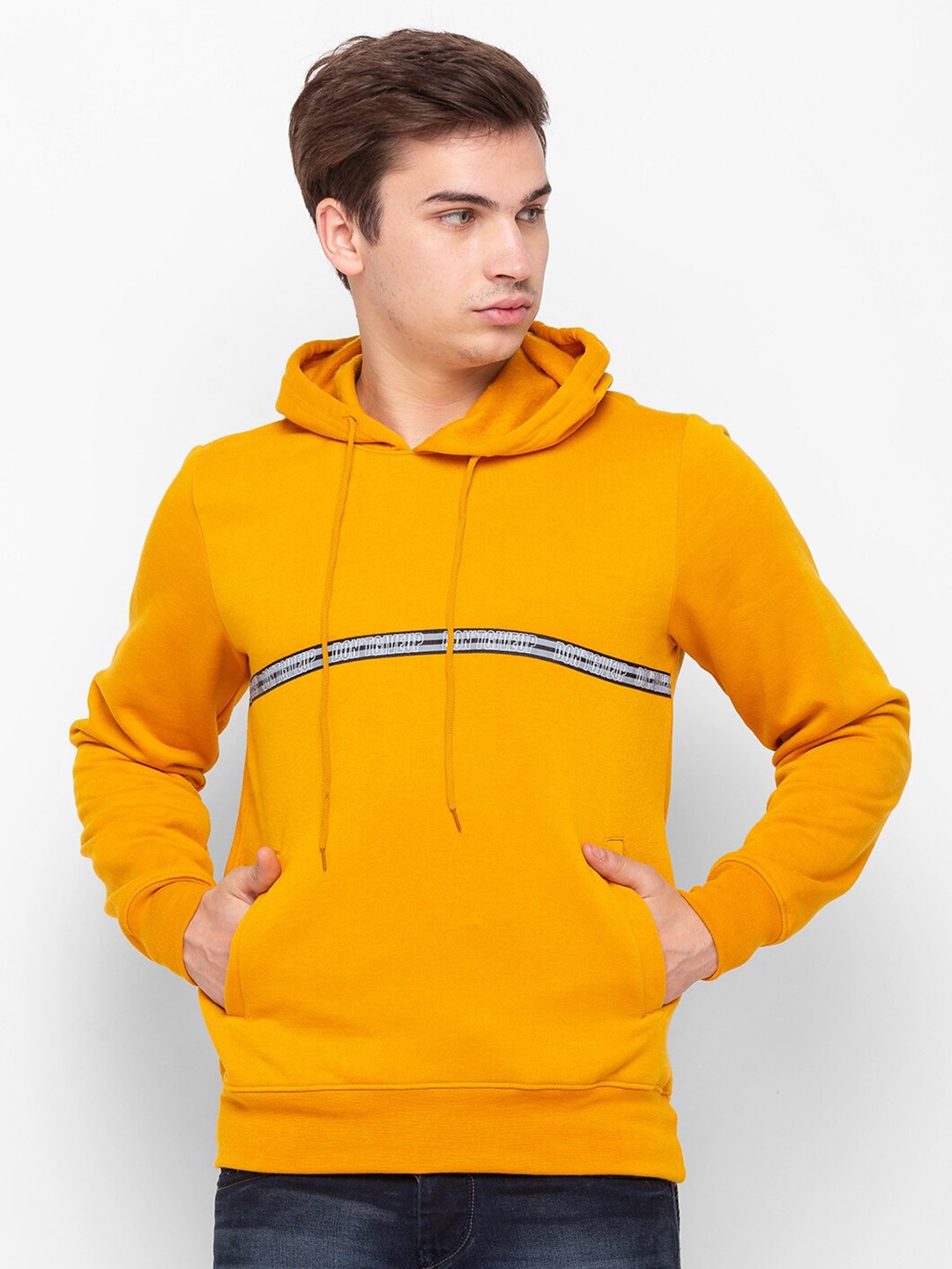 

Globus Men Mustard Yellow Printed Hooded Sweatshirt