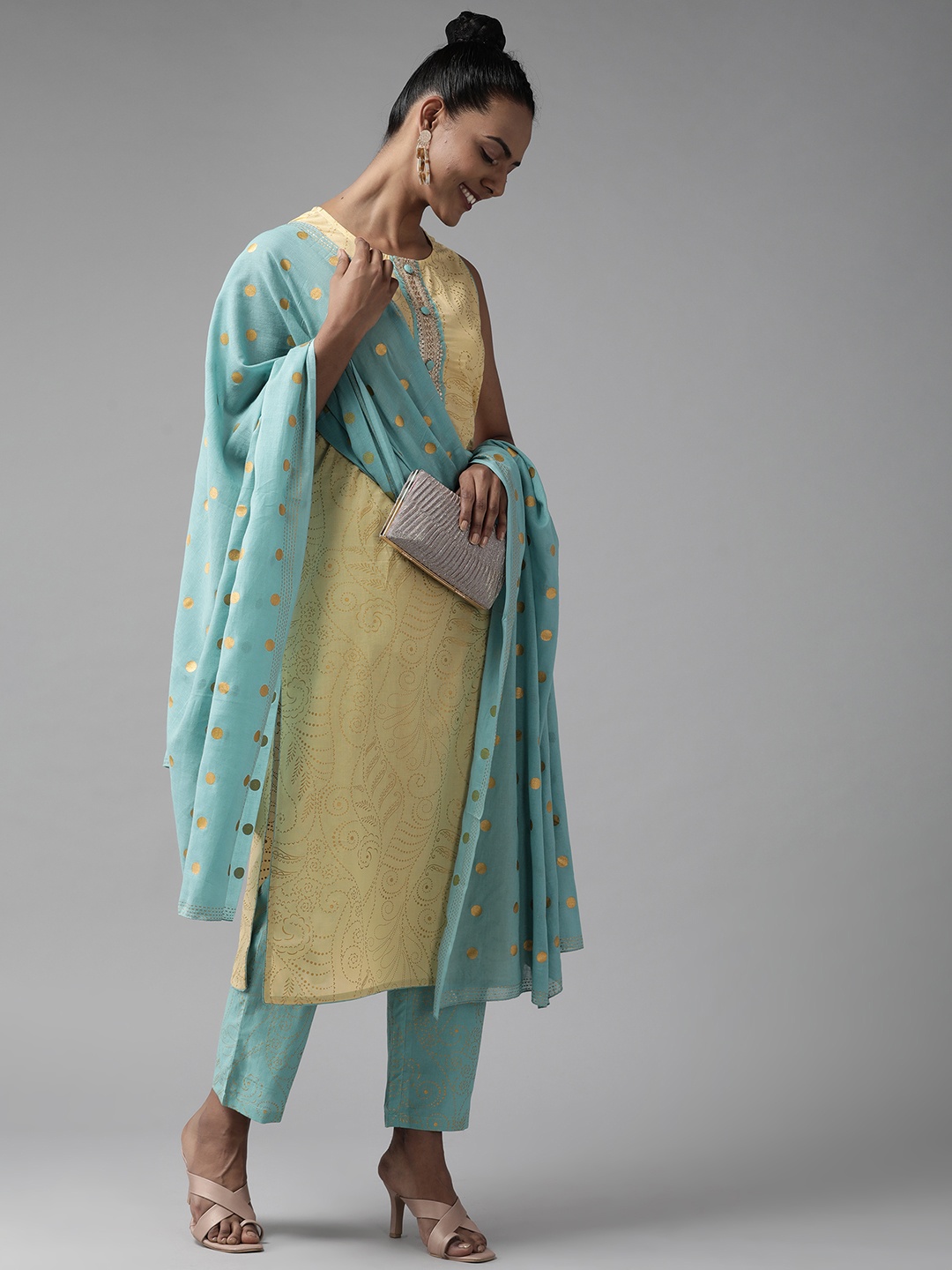 

Yufta Women Yellow Bandhani Printed Gotta Patti Pure Cotton Kurta with Trousers & With Dupatta