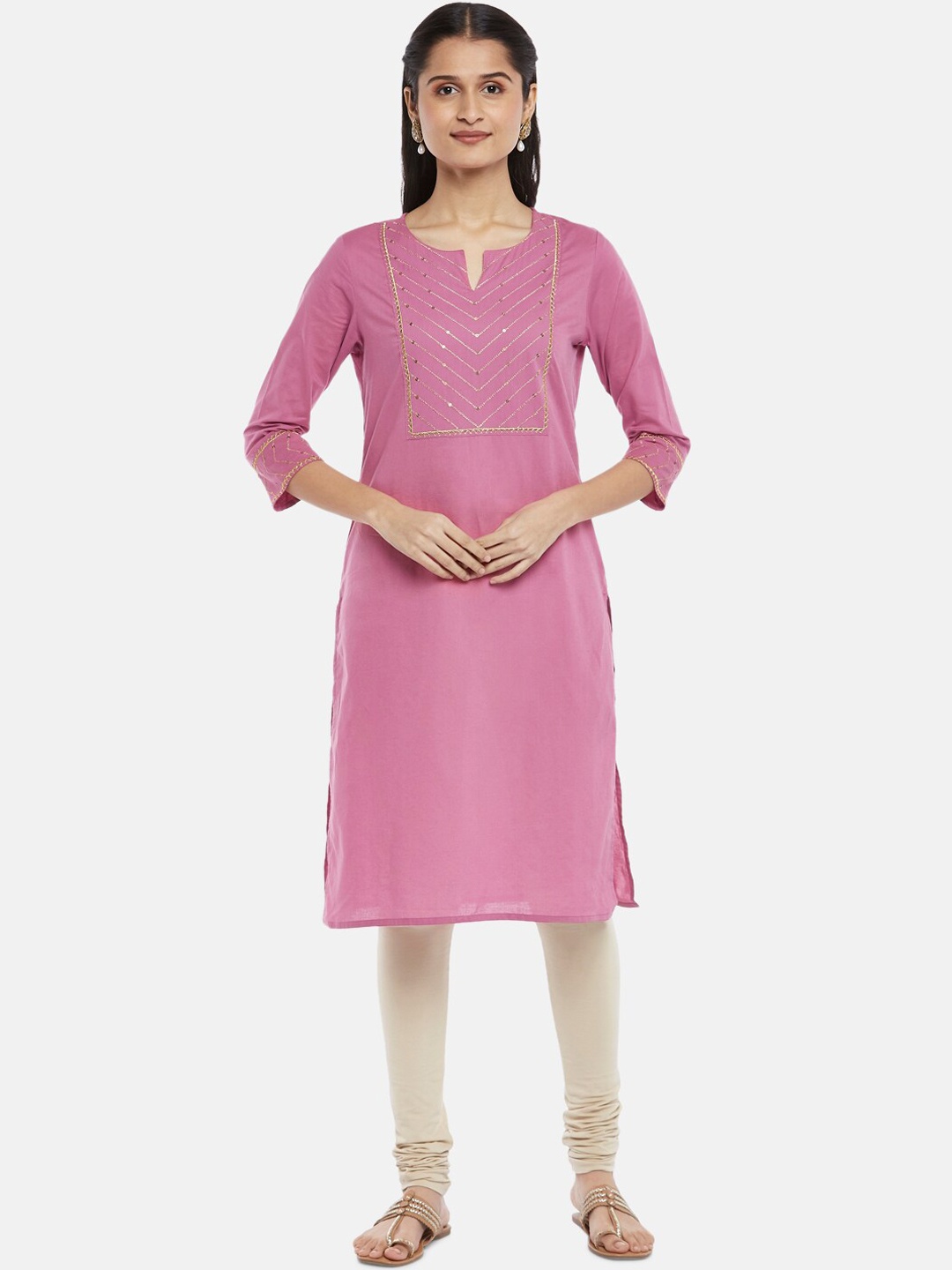 

RANGMANCH BY PANTALOONS Women Purple & Gold-Toned Yoke Design Cotton Straight Kurta