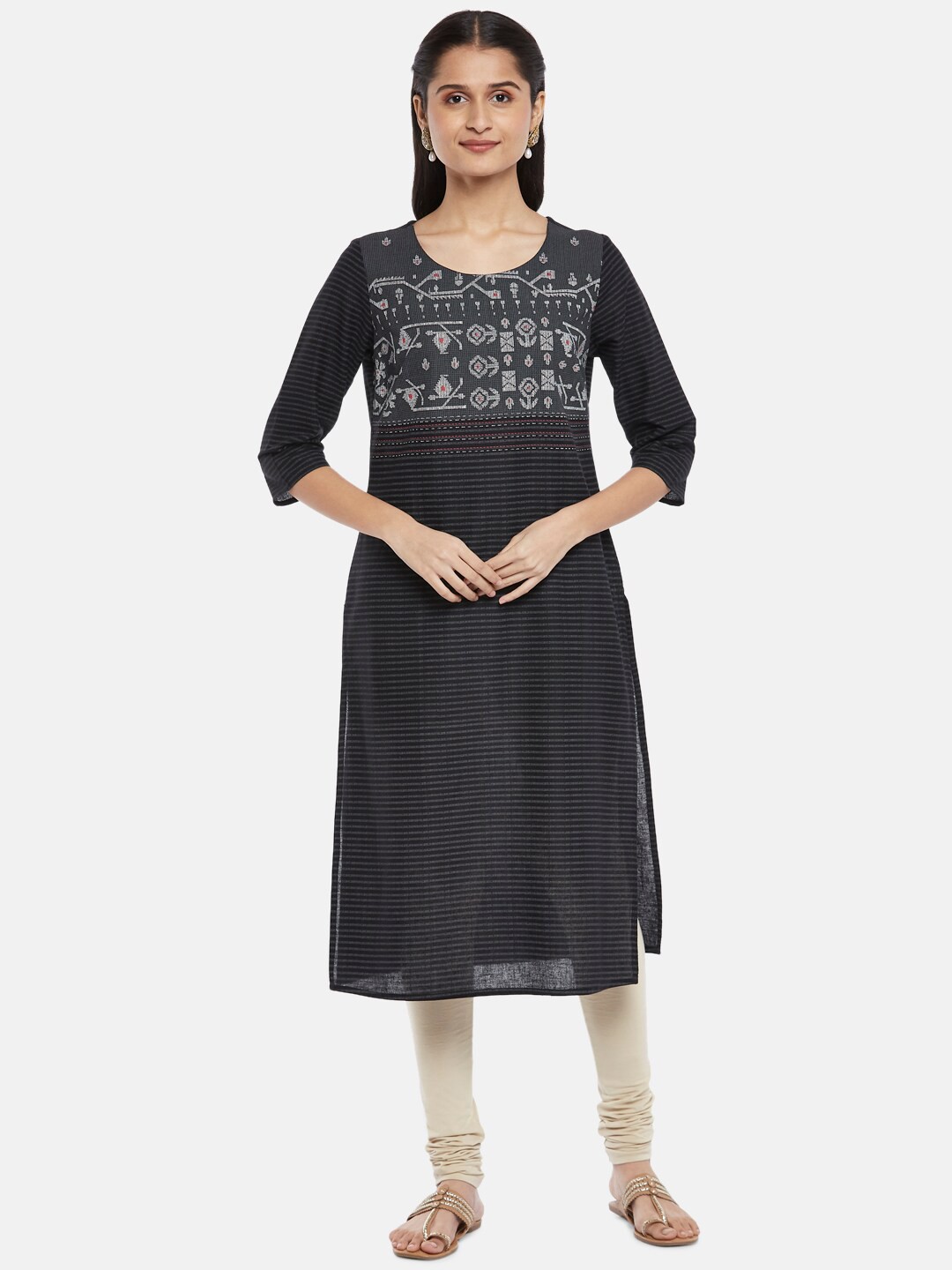 

RANGMANCH BY PANTALOONS Women Charcoal & White Tribal Printed Cotton Straight Kurta