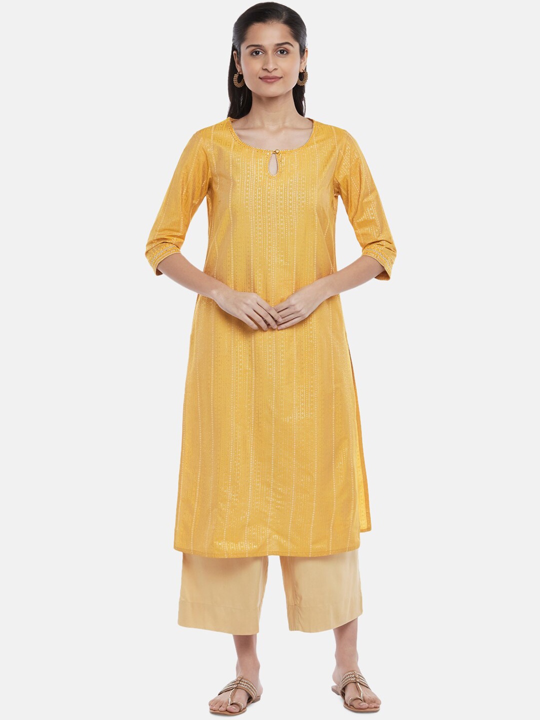 

RANGMANCH BY PANTALOONS Woman Mustard Embroidered Keyhole Neck Kurta