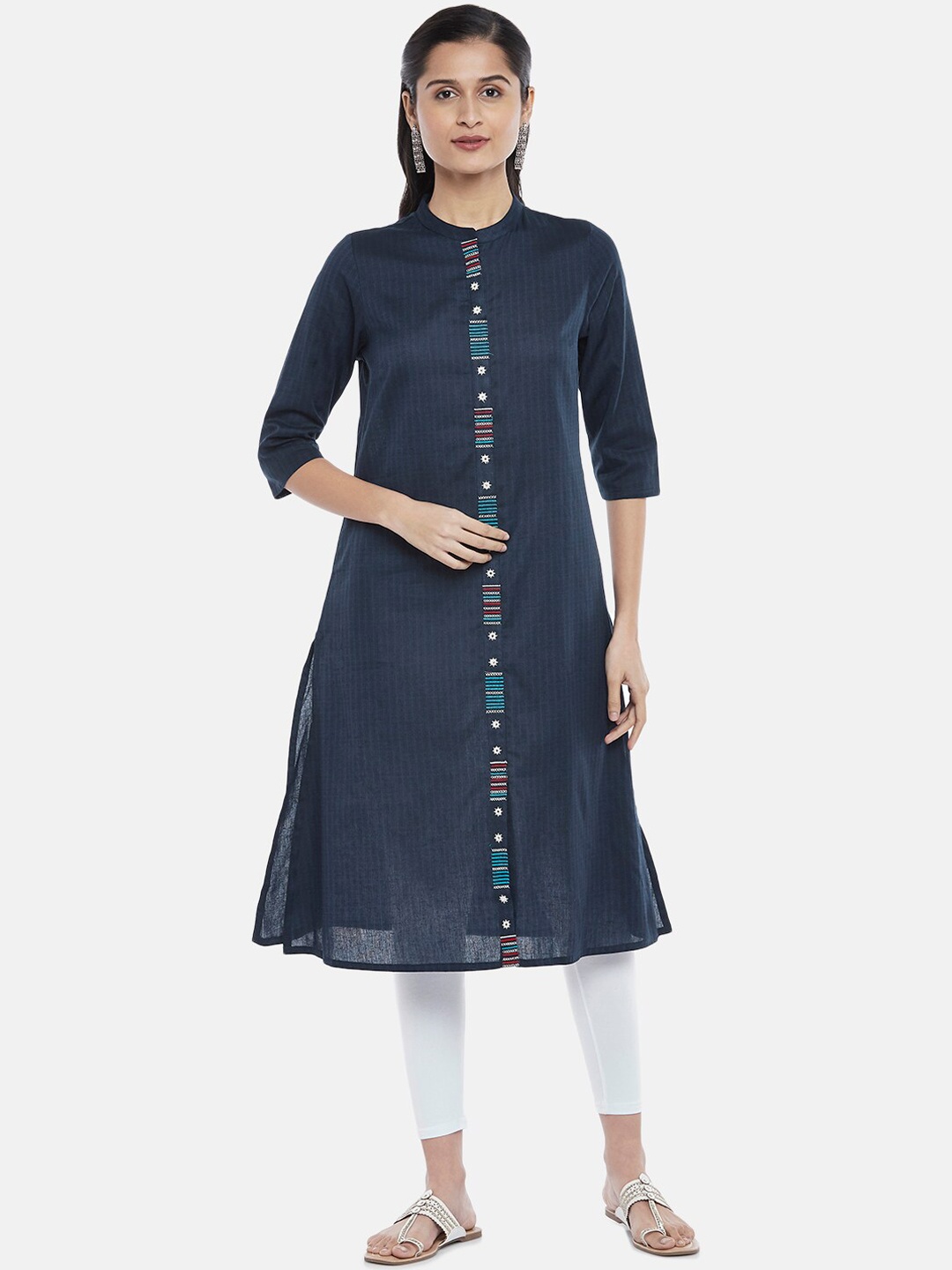 

RANGMANCH BY PANTALOONS Women Navy Blue Thread Work Kurta