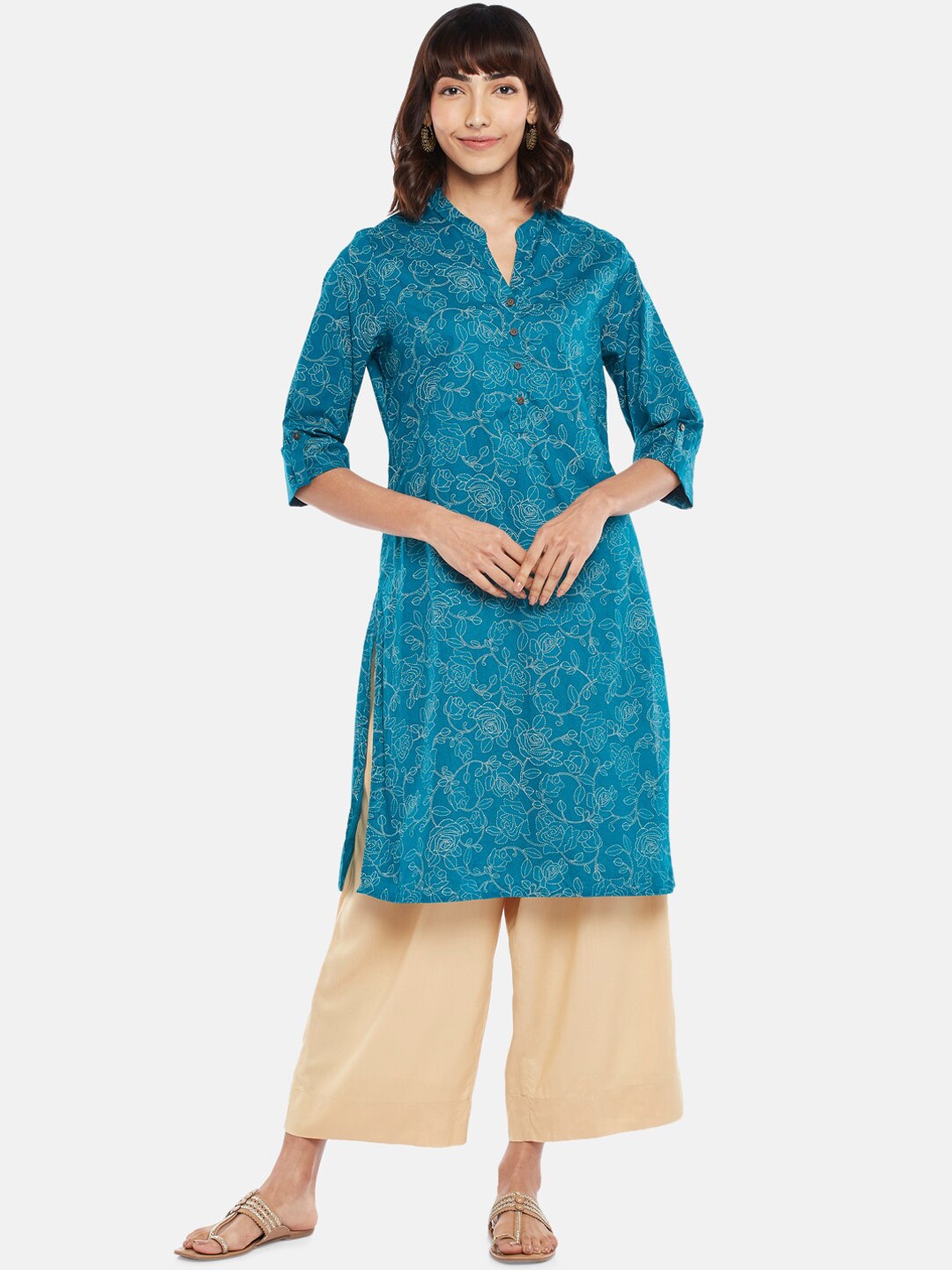 

RANGMANCH BY PANTALOONS Teal Floral Print Kurta