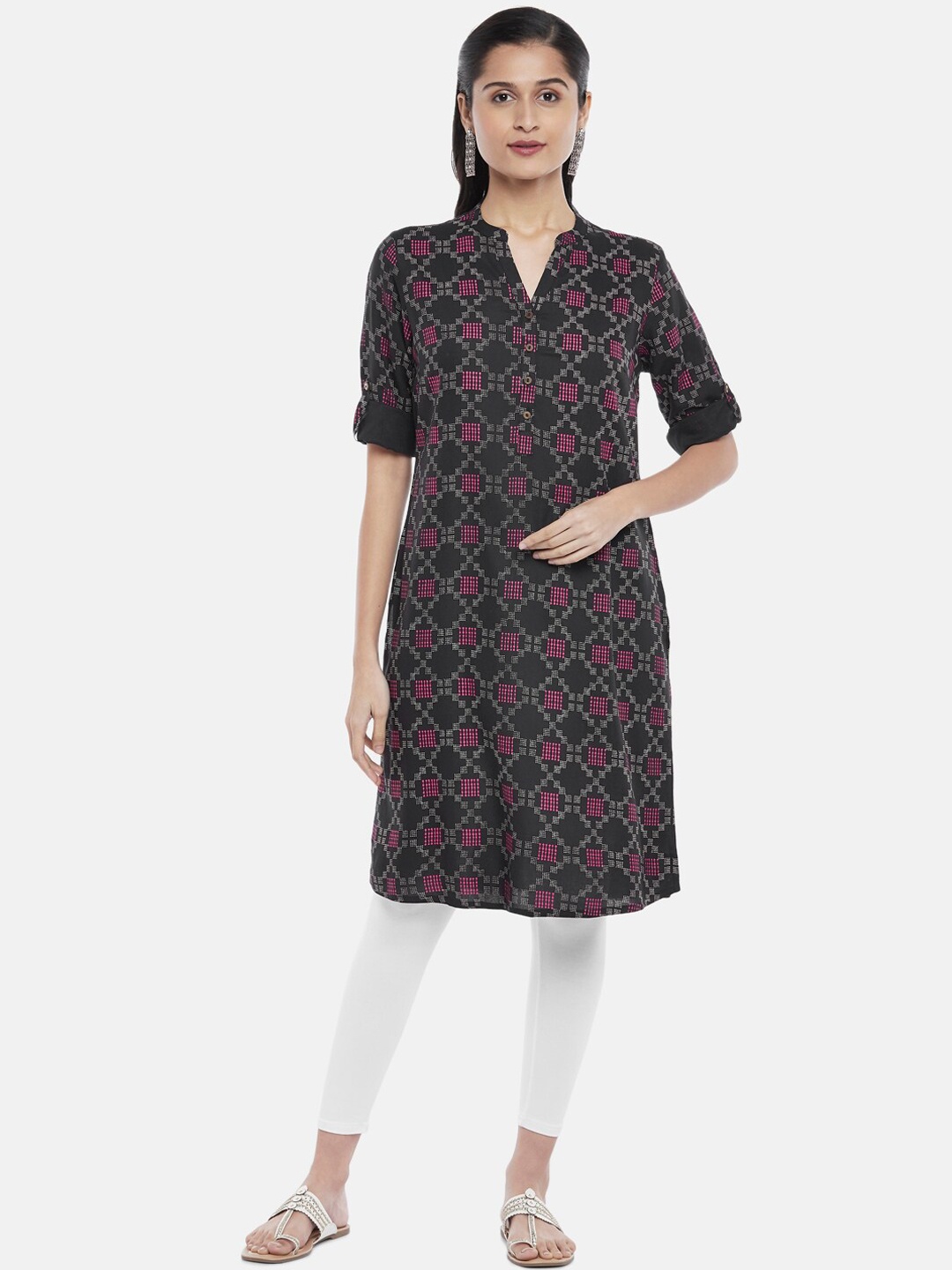 

RANGMANCH BY PANTALOONS Women Black & Pink Geometric Printed Kurta