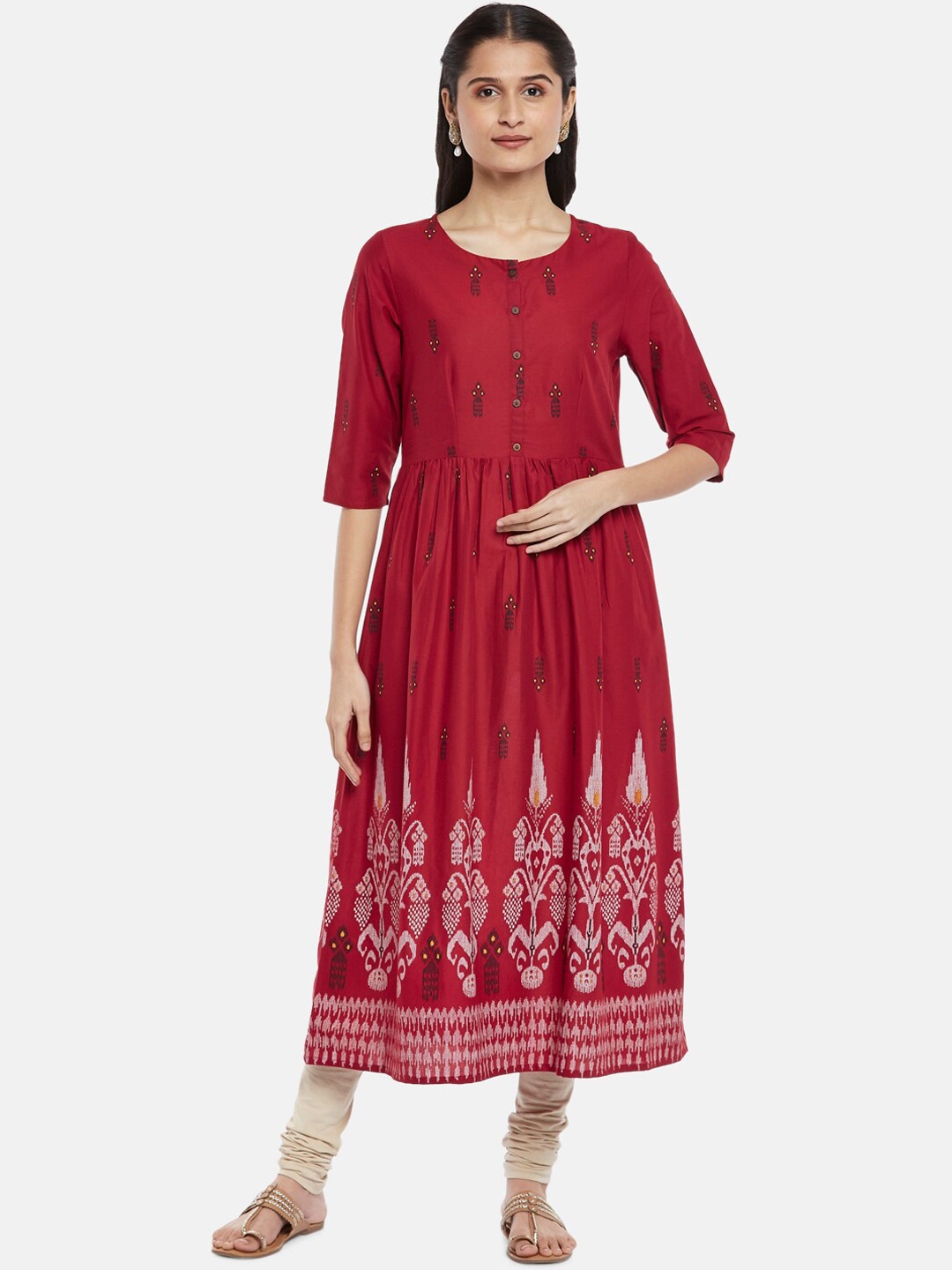 

RANGMANCH BY PANTALOONS Women Red Ethnic Motifs Embroidered Thread Work Cotton Kurta