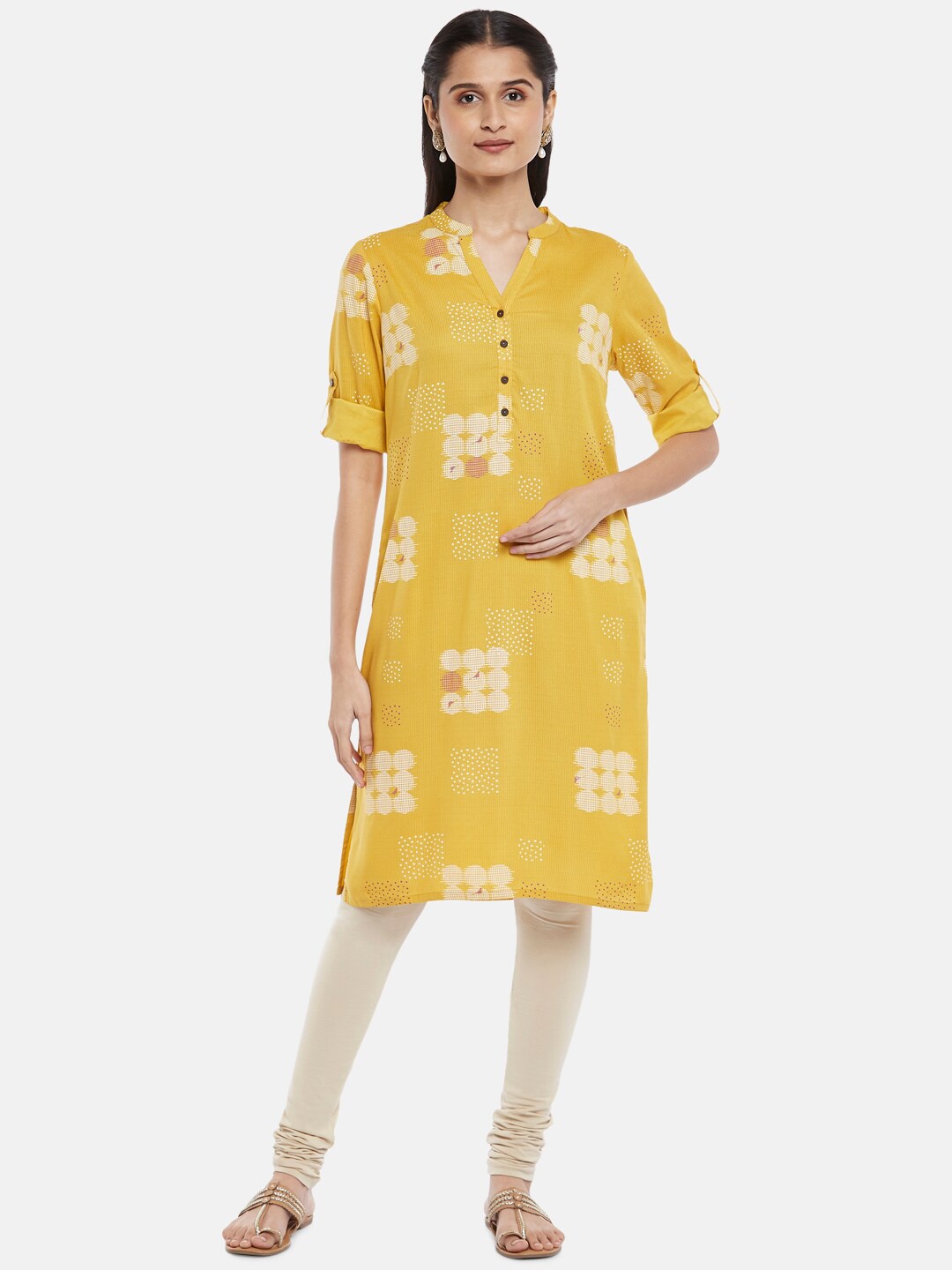 

RANGMANCH BY PANTALOONS Women Mustard Yellow & White Geometric Printed Straight Kurta