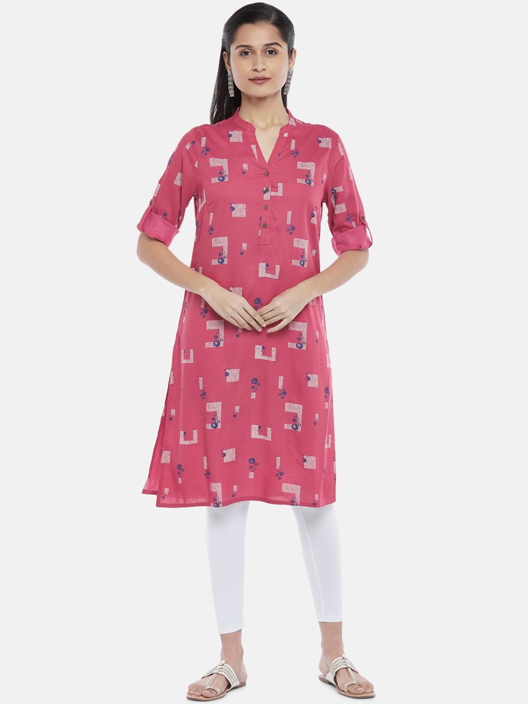 

RANGMANCH BY PANTALOONS Women Pink & White Geometric Printed Kurta