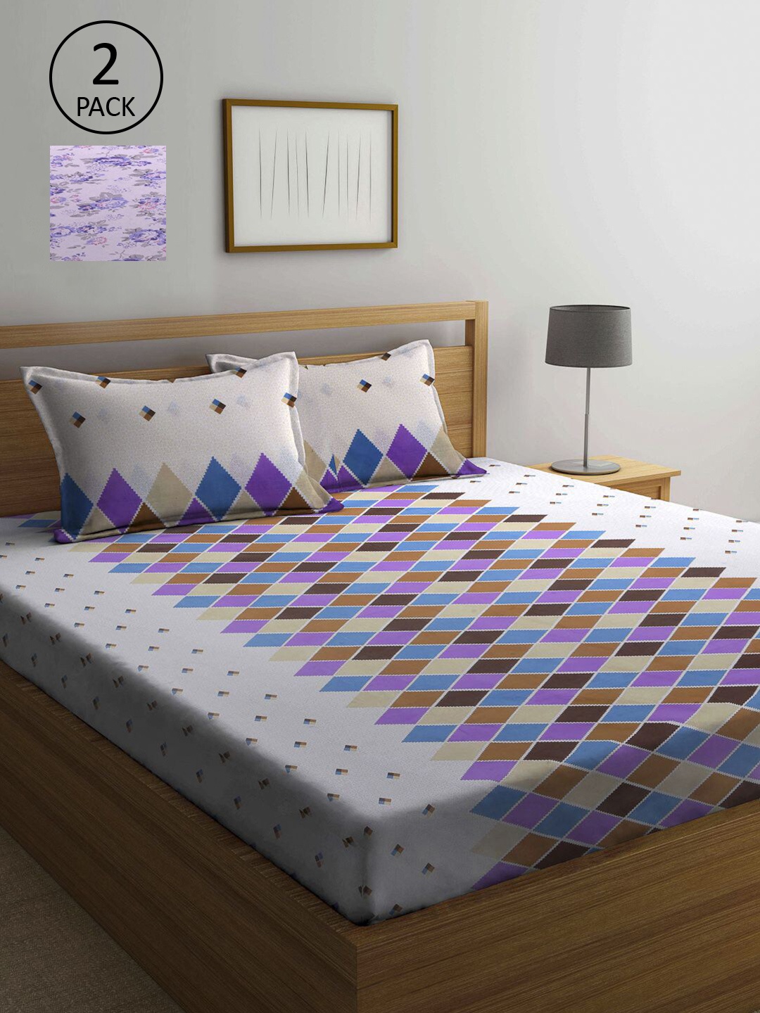 

KLOTTHE Purple & Brown Geometric 210 TC 2 Queen Bedsheet with 4 Pillow Covers