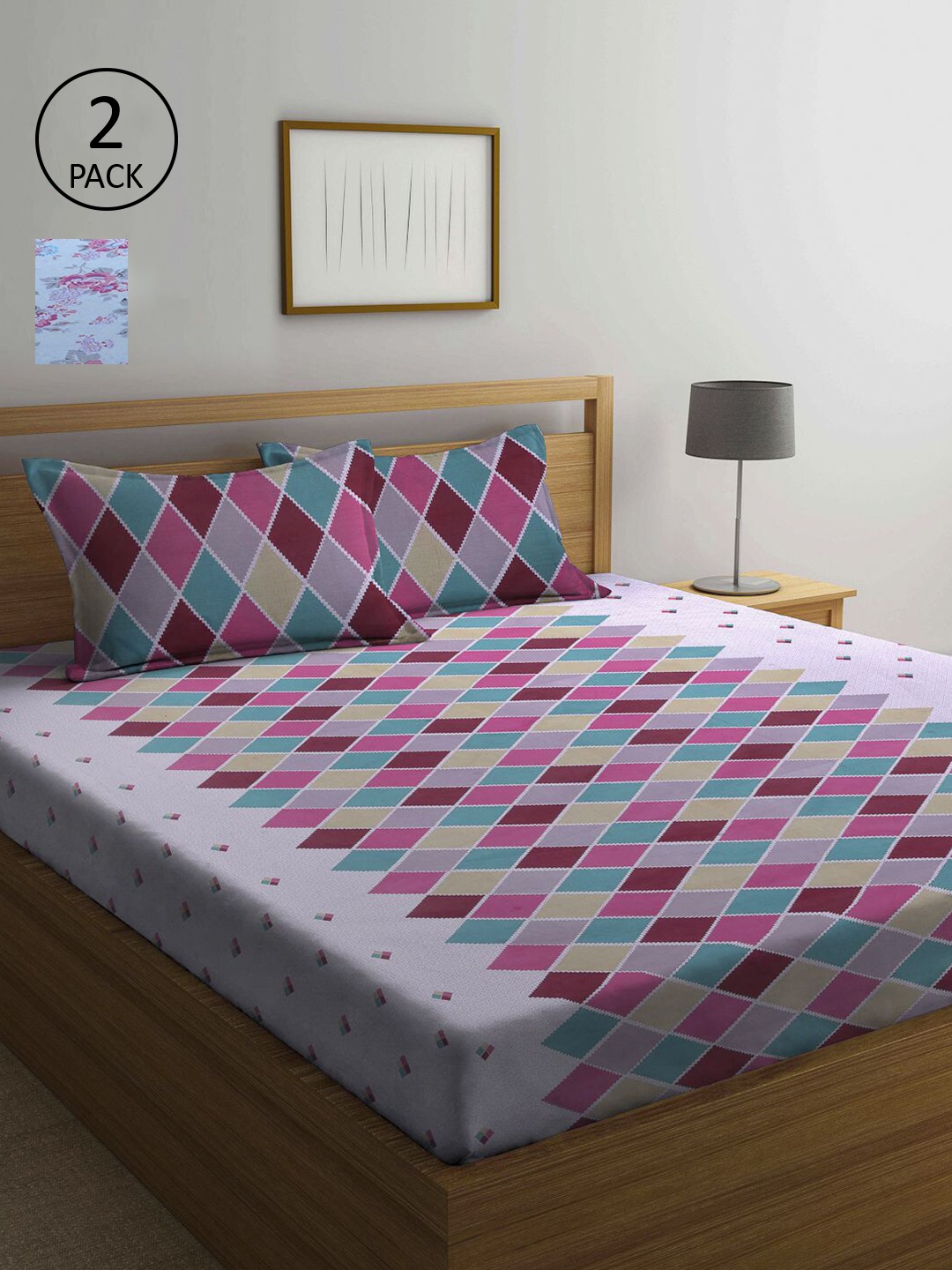 

KLOTTHE Multicoloured Geometric 210 TC Set of 2 Queen Bedsheet with 4 Pillow Covers, Multi