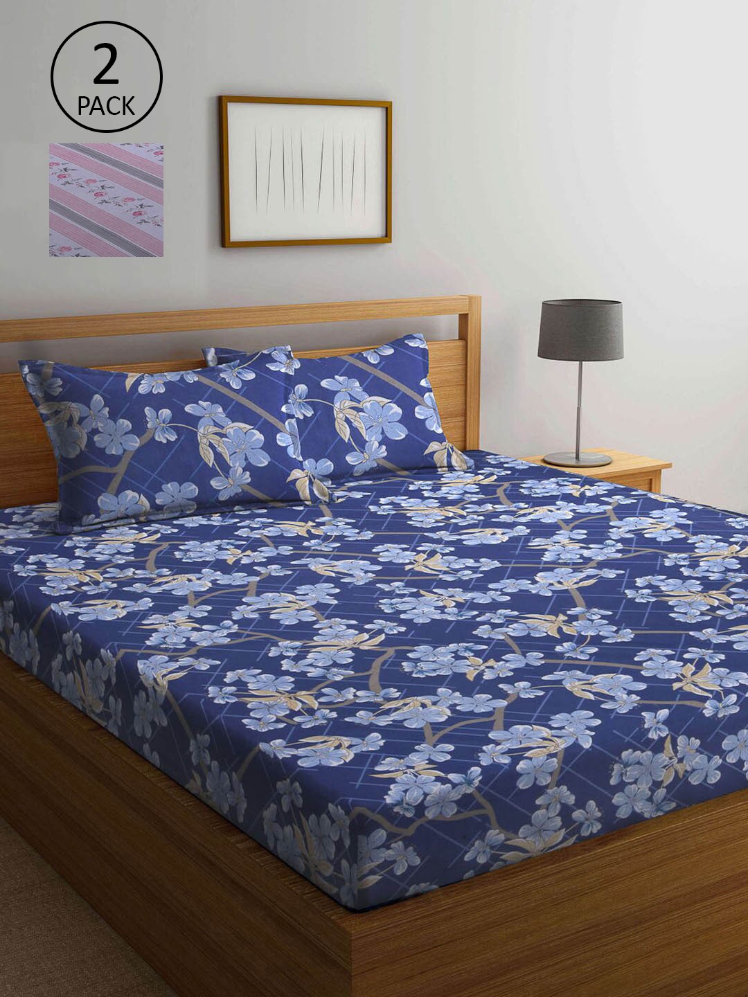 

KLOTTHE Navy Blue & Pink Floral 210 TC Set of 2 Queen Bedsheet with 4 Pillow Covers