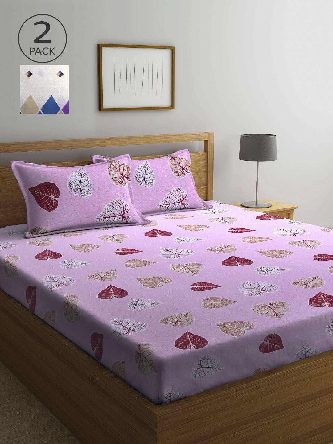 

KLOTTHE White & Purple Floral 210 TC 2 Queen Bedsheet with 4 Pillow Covers