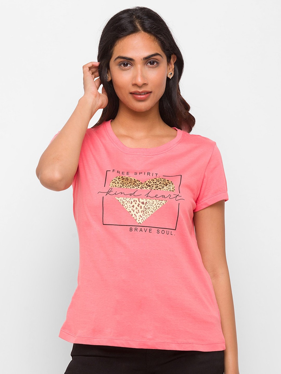 

Globus Women Coral & Brown Printed Cotton T-shirt