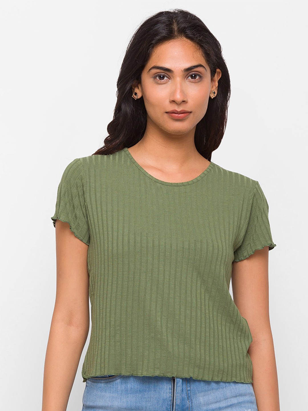 

Globus Women Green Self Design Crop Tshirt