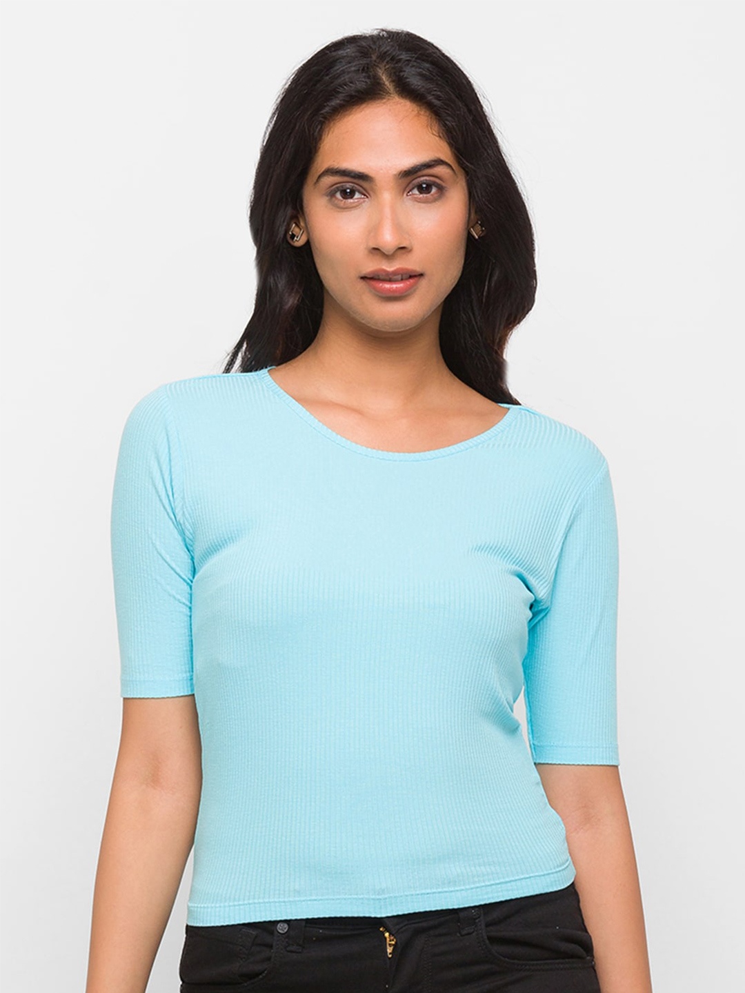 

Globus Women Turquoise Blue Solid Cotton T-shirt