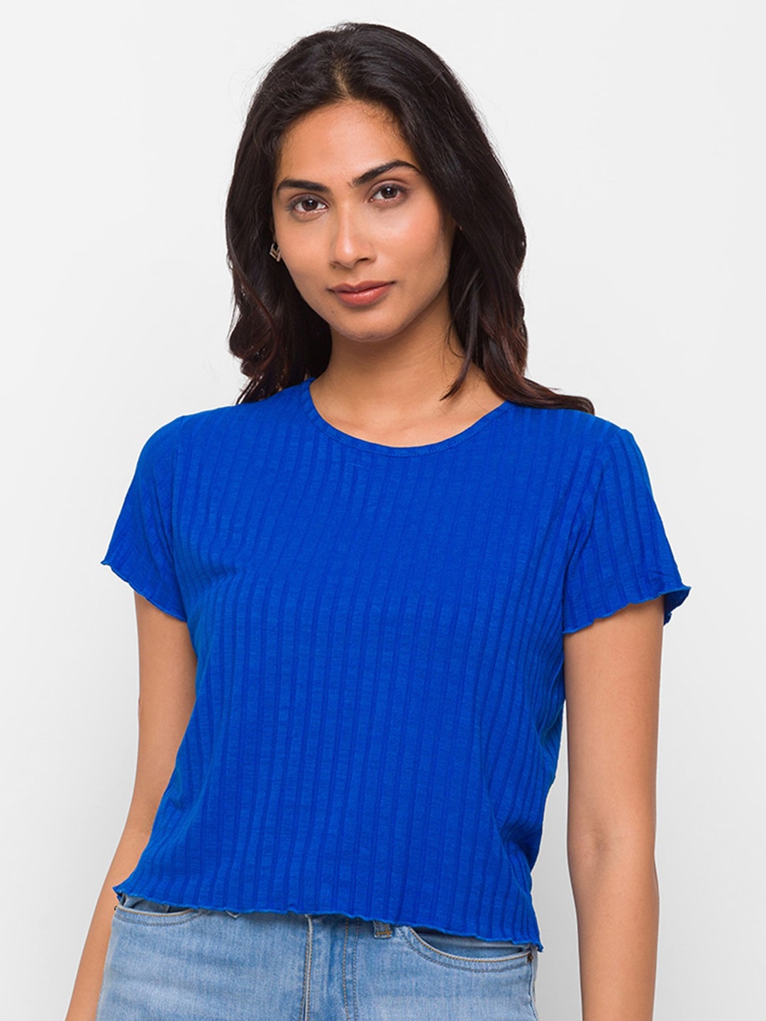 

Globus Women Blue Self Design Crop Tshirt