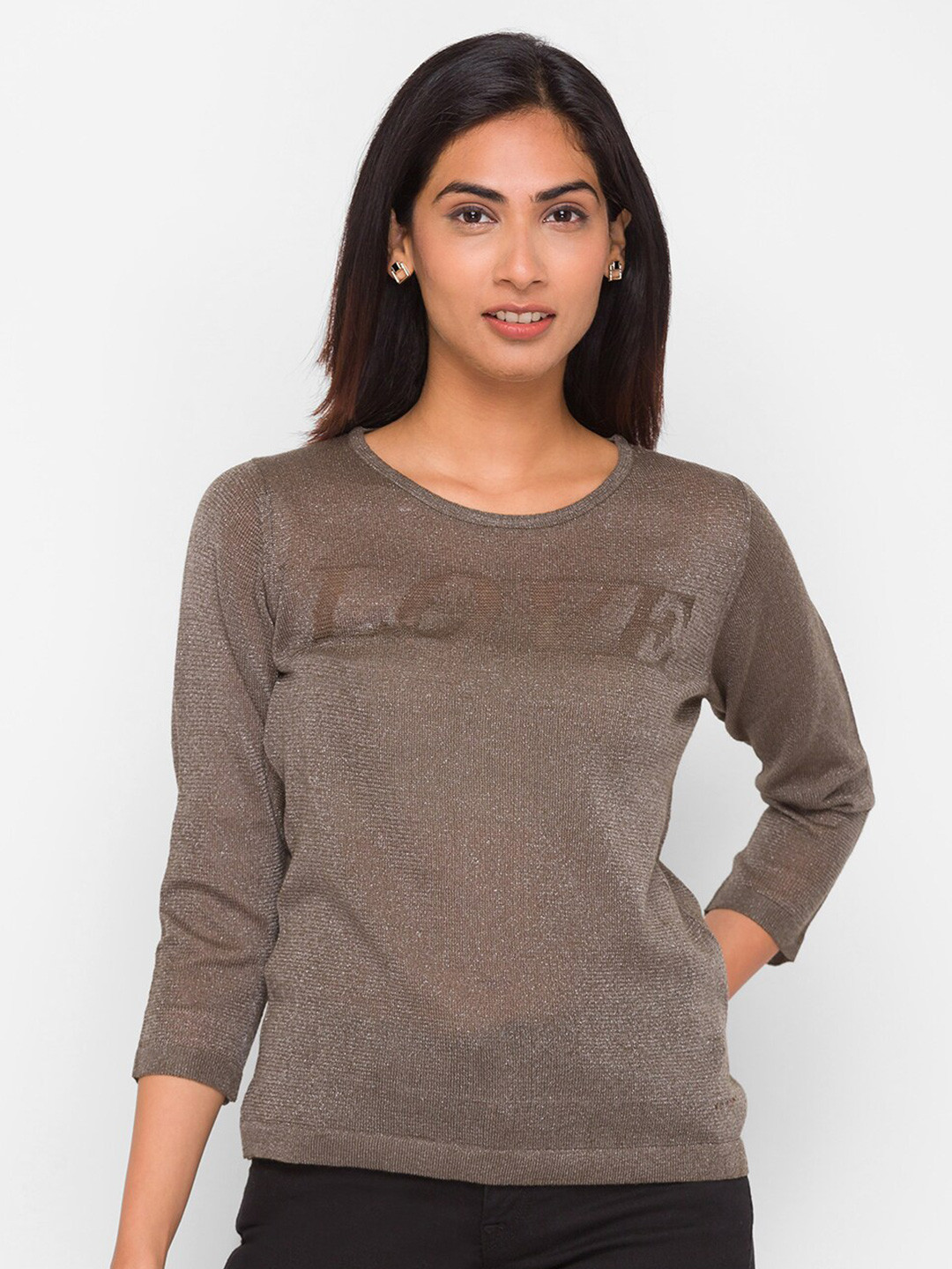 

Globus Women Olive Green Self Design T-shirt