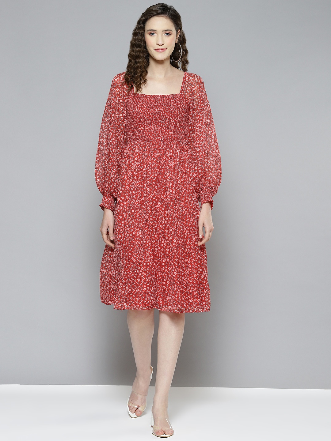 

Femella Women Floral A-Line Smocked Midi Dress, Red