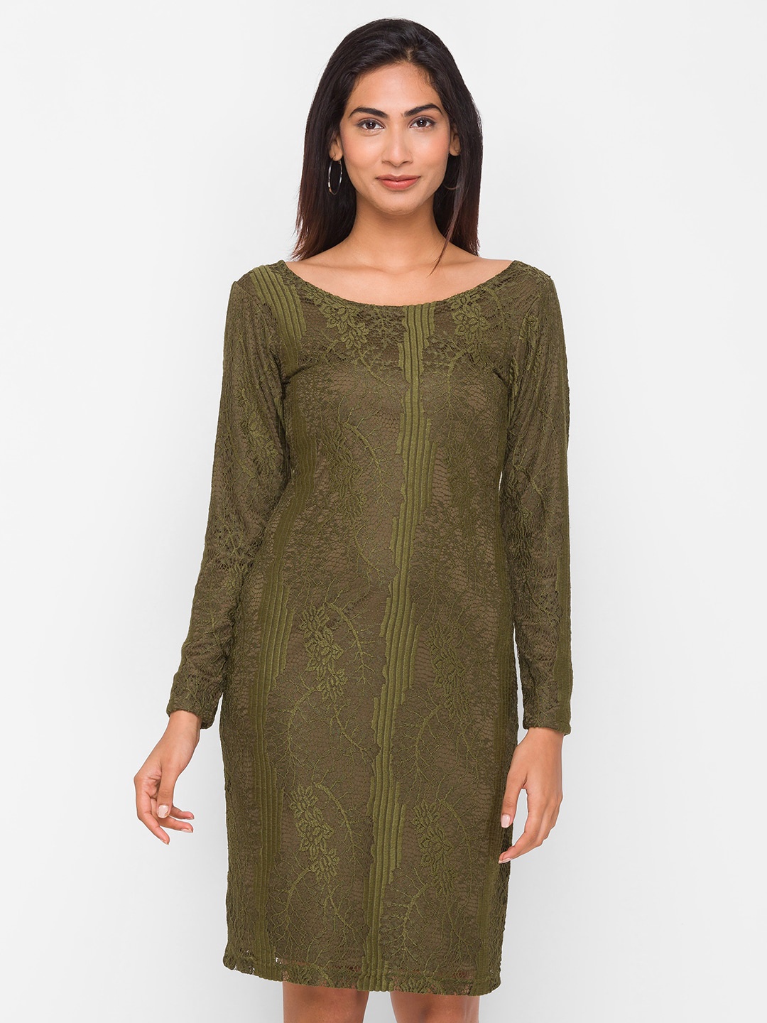 

Globus Olive Green Floral Lace Sheath Dress