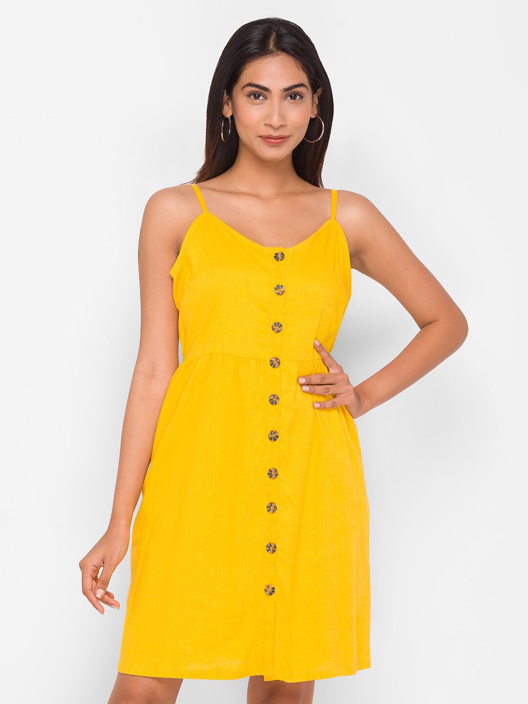 

Globus Mustard Yellow Solid Linen Fit & Flare Dress