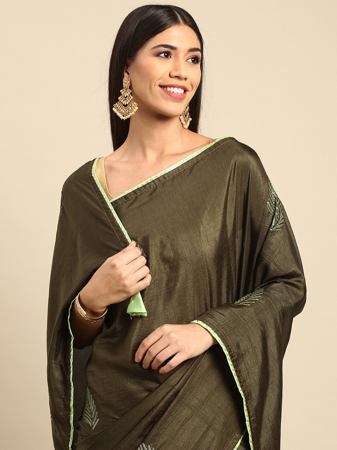 

all about you Olive Brown Sequinned Saree