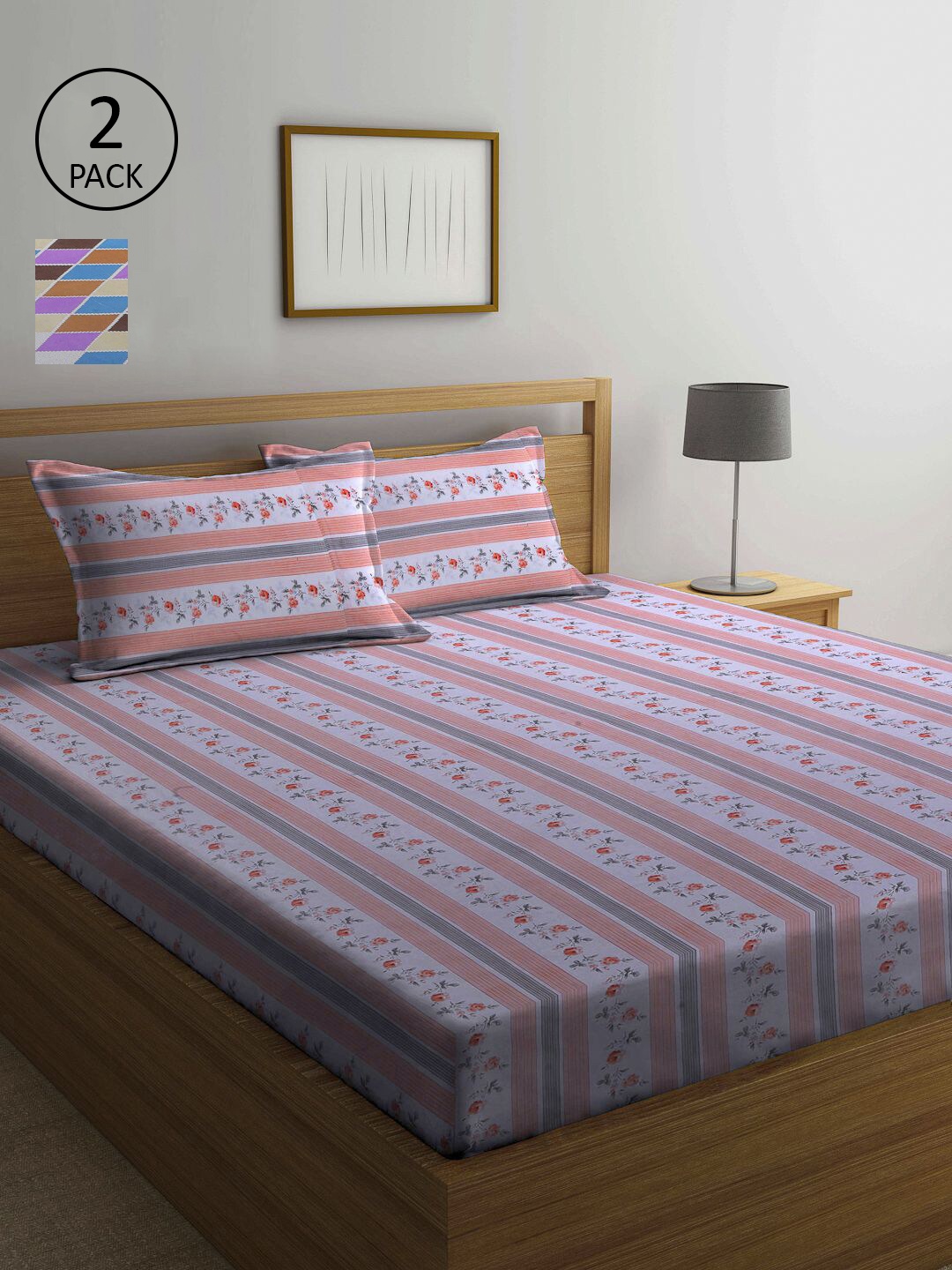 

KLOTTHE Pink & Multicoloured Floral 210 TC 2 Queen Bedsheet with 4 Pillow Covers